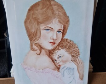 May include: A painted portrait of a woman and child. The woman has auburn hair and blue eyes, wearing a pink dress. The child, with curly hair, is cradled in her arms. The background is a soft blue. The name "Sylvia" is written at the bottom.