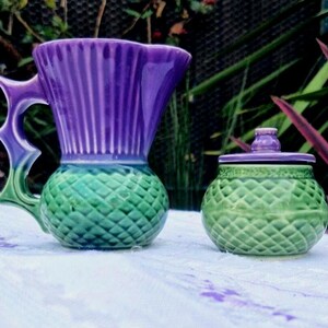 Vintage Highland Ware Jug and condiment pot, purple and green
