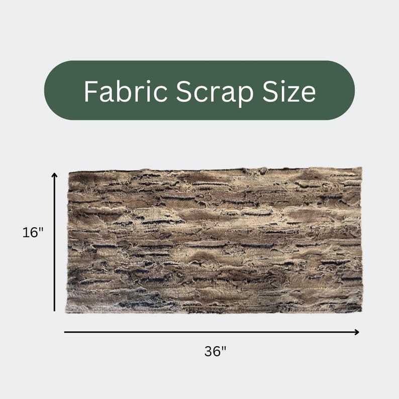 May include: A rectangular fabric scrap with a textured, brown surface. The dimensions are 36 inches long and 16 inches wide. The text "Fabric Scrap Size" is displayed in a green rounded rectangle.