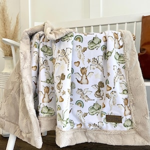Personalized minky beige green dragons blanket super soft kids dragon gift pastel colors cozy fluffy blanket with name nursery décor bedding Cream Hide