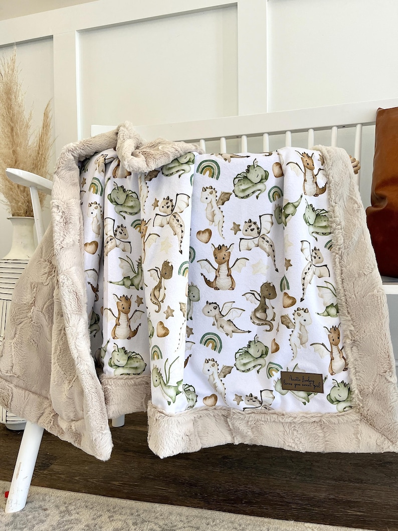 Personalized minky beige green dragons blanket super soft kids dragon gift pastel colors cozy fluffy blanket with name nursery décor bedding Cream Hide