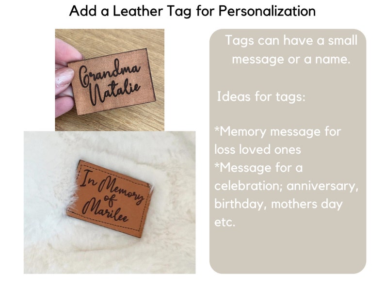 May include: Two brown leather tags with black text. One tag reads "Grandma Natalie", the other reads "In Memory of Marilee". The image also includes text that says "Add a Leather Tag for Personalization".