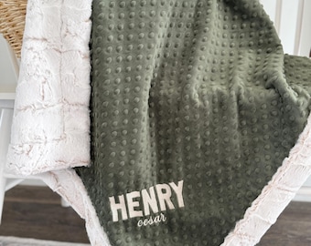 Name Blanket for Baby Boy Custom Embroidery Minky Blanket Swaddle Green Personalized Minky Blanket for Baby Shower Gift with Name