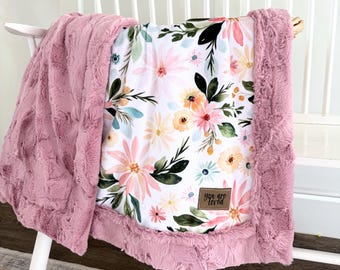 Floral Minky Blanket for Baby Girl; Daisy Flower Nursery Decor