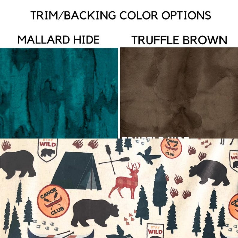 Puede incluir: Una muestra de tela con dos opciones de color: verde azulado y marr&oacute;n. La tela tiene un patr&oacute;n de osos, ciervos, &aacute;rboles y el texto "Stay Wild" y "Canoe Club".