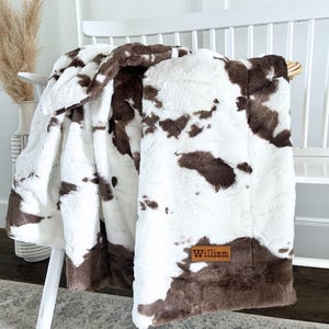 Cowhide Faux Fur Blanket Cow Print Bedding Western Baby Blanket for Boy Newborn Gift Girl Name Blanket Throw Western Decor Cowboy Theme
