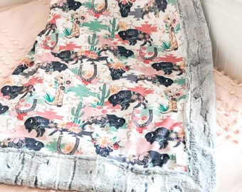 Manta de bisonte Minky para niña, manta azteca occidental para bebé, manta vaquera, regalo para niña, ropa de cama de guardería de piel sintética de búfalo Minky, temática del oeste