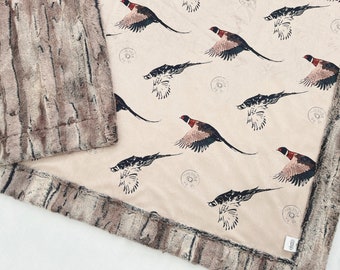 Minky Blanket for Hunter Adult Throw Pheasant Hunting Blanket Teen Hunting room Decor outdoor theme Gift for dad Upland Hunter Gear