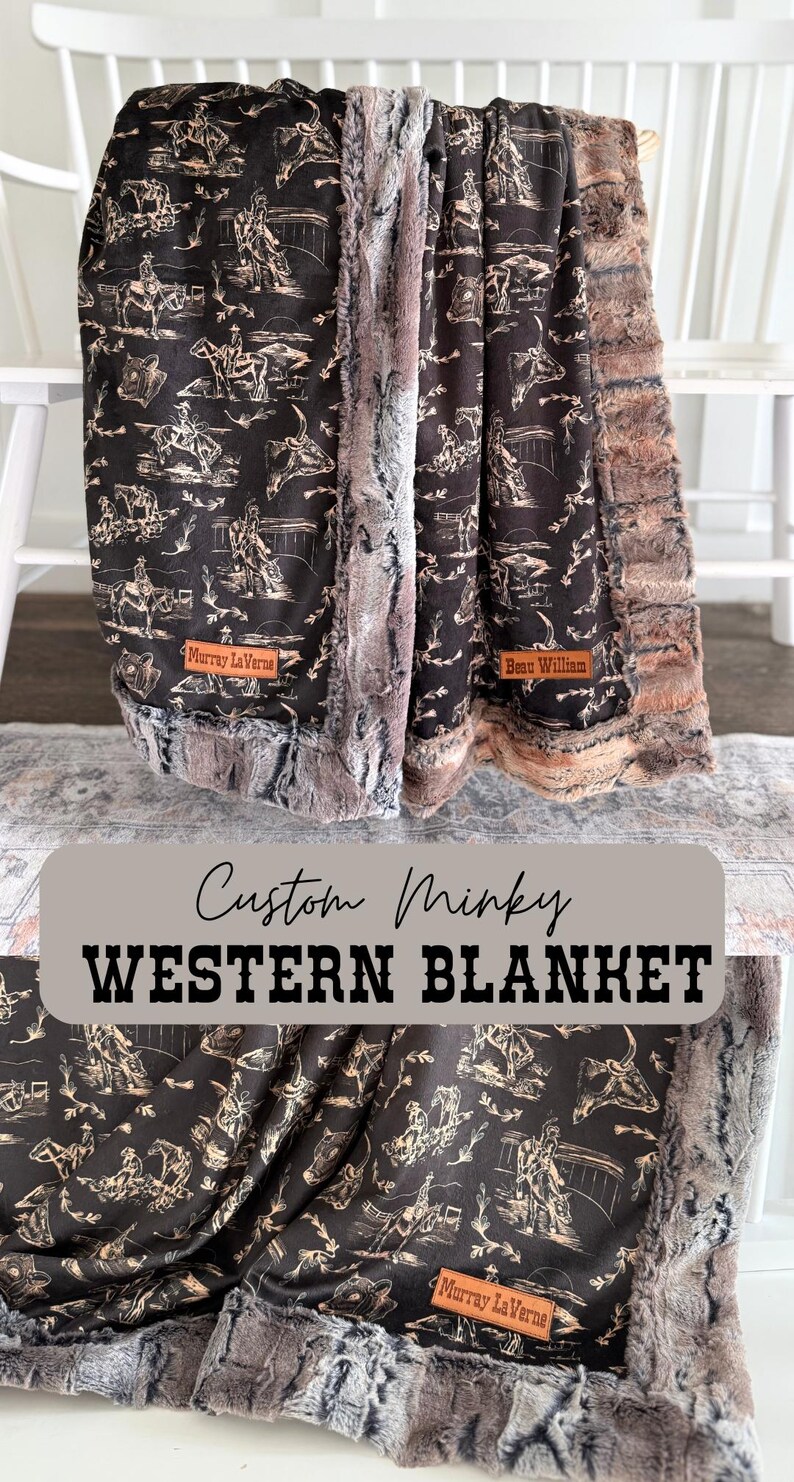 Cowboy Baby Name Tag Blanket Western Nursery Little Buckaroo Bucking Horse Bull and Bronc Bedding