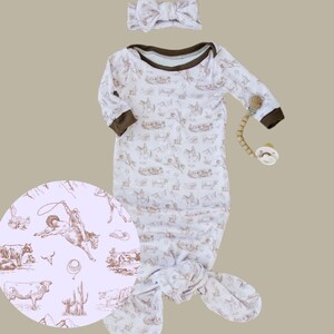 Western Coming Home Outfit Cowgirl Knotted Tie Gown for Baby Shower Gift for Newborn Baby Girl Handmade Pajamas for Country Girl Pink Gown