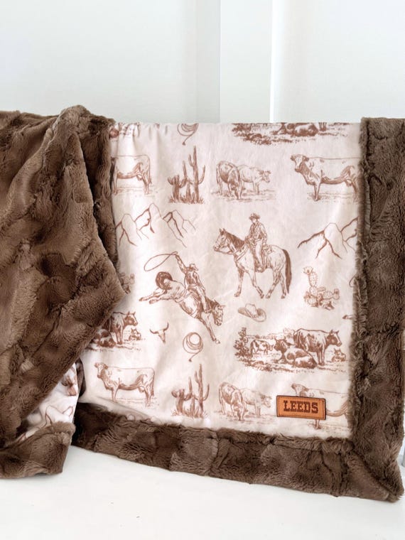 Western Blanket with Name Customized Cowboy Gift for Kids Ranch Theme Decor Western Minky Faux Fur Soft blanket Farm Boy Baby Shower Gift