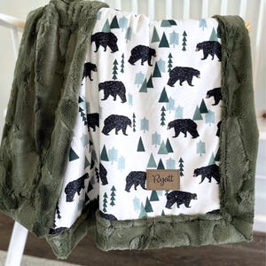 Woodland Forest Blanket Bear Minky Blanket Luxury Faux Fur Kids Blanket Birthday Gift Cozy Fluffy Soft Blanket Baby Boy Woodland Nursery
