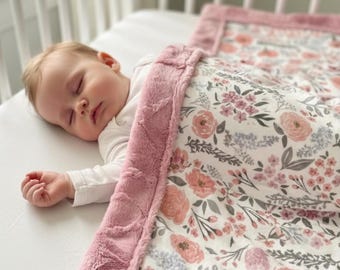 Floral Minky Baby Blanket for Girl Flower Nursery Decor for Girl Room Wildflower Blanket with Name Gift for Baby Girl Shower