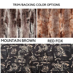 Puede incluir: Imagen que muestra opciones de color de ribete y respaldo. La fila superior presenta texturas de piel sint&eacute;tica Mountain Brown y Red Fox. La parte inferior muestra una tela negra con un estampado de vaquero y ganado color crema. Texto: "TRIM/BACKING COLOR OPTIONS".