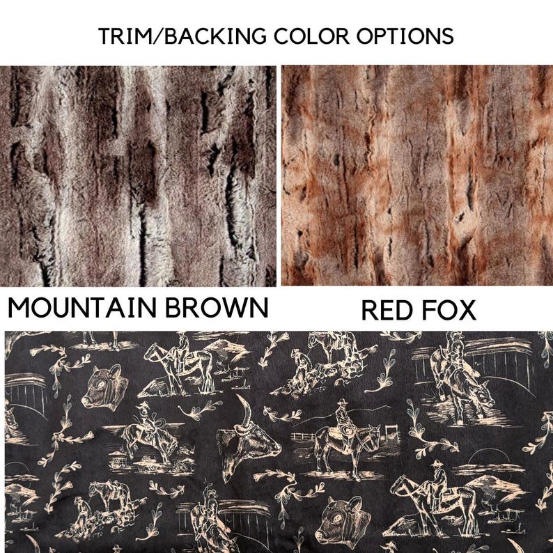 Puede incluir: Imagen que muestra opciones de color de ribete y respaldo. La fila superior presenta texturas de piel sint&eacute;tica Mountain Brown y Red Fox. La parte inferior muestra una tela negra con un estampado de vaquero y ganado color crema. Texto: "TRIM/BACKING COLOR OPTIONS".
