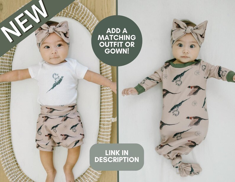 May include: Two baby outfits with a pheasant print. The outfit on the left is a white bodysuit with brown shorts. The outfit on the right is a brown gown with long sleeves. Both outfits have a matching headband with a brown bow. The text "ADD A MATCHING OUTFIT OR GOWN!" is in the top right corner of the image. The text "LINK IN DESCRIPTION" is in the bottom right corner of the image.