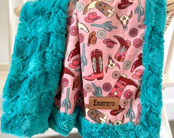 Cowgirl Retro Blanket Baby Girl Minky Western Blanket Newborn Crib Bedding Cowgirl Boots Nursery Decor Western Girl Shower Gift Baby Name