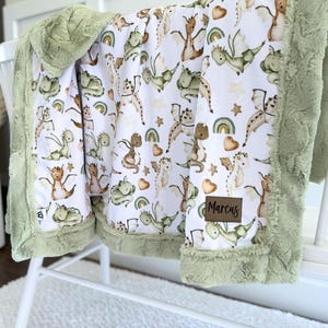 Personalized minky beige green dragons blanket super soft kids dragon gift pastel colors cozy fluffy blanket with name nursery décor bedding Sage