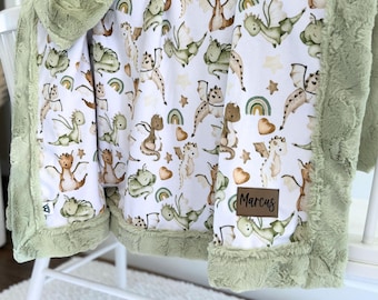 Personalized minky beige green dragons blanket super soft kids dragon gift pastel colors cozy fluffy blanket with name nursery décor bedding
