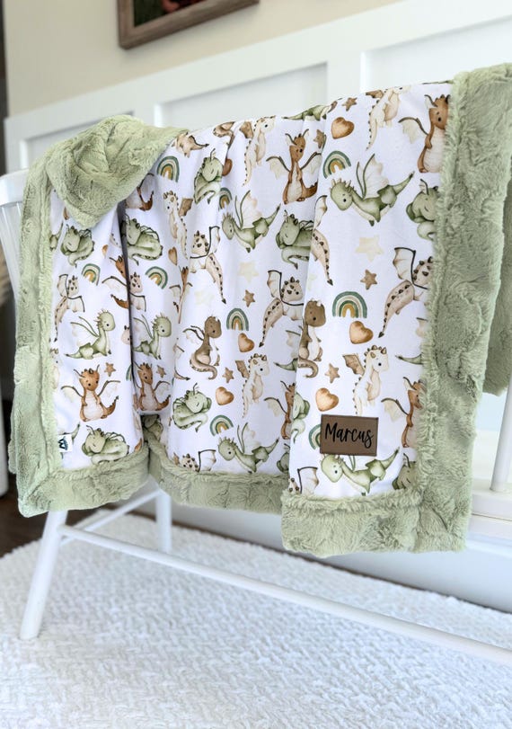 Personalized minky beige green dragons blanket super soft kids dragon gift pastel colors cozy fluffy blanket with name nursery décor bedding