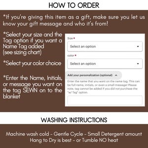 Pode incluir: Instru&ccedil;&otilde;es para encomendar um cobertor personalizado. Selecione o tamanho, a cor e adicione um nome, iniciais ou uma mensagem para ser bordada no cobertor. Instru&ccedil;&otilde;es de lavagem: lavar na m&aacute;quina com &aacute;gua fria, ciclo delicado, pequena quantidade de detergente, secar ao ar ou na m&aacute;quina de secar roupa em baixa temperatura.