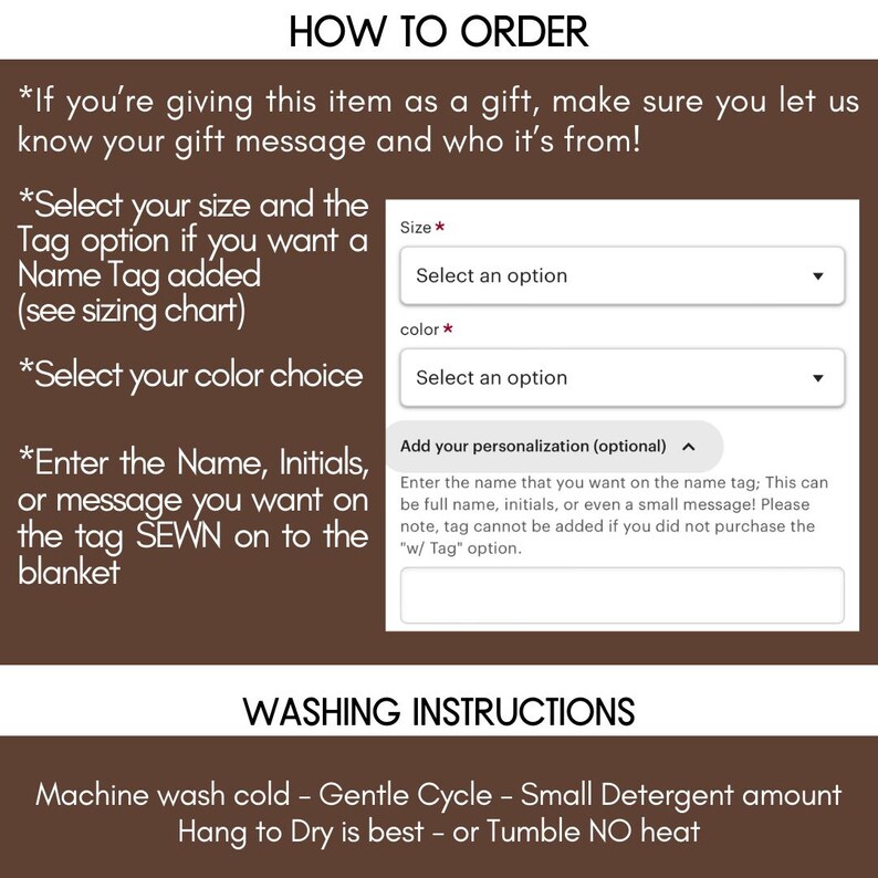 Pode incluir: Instru&ccedil;&otilde;es para encomendar um cobertor personalizado. Selecione o tamanho, a cor e adicione um nome, iniciais ou uma mensagem para ser bordada no cobertor. Instru&ccedil;&otilde;es de lavagem: lavar na m&aacute;quina com &aacute;gua fria, ciclo delicado, pequena quantidade de detergente, secar ao ar ou na m&aacute;quina de secar roupa em baixa temperatura.