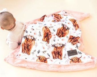 Baby Girl Newborn Blanket Personalized Baby Name Blanket Custom Gift For Girl Highland Cow Bedding Cow Nursery Decor Farm Theme
