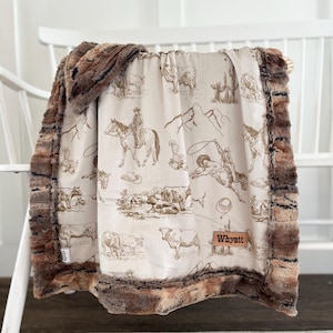 Personalized western baby boy blanket for cowboy baby name tag blanket western nursery little buckaroo ranch horse cow and bronc bedding