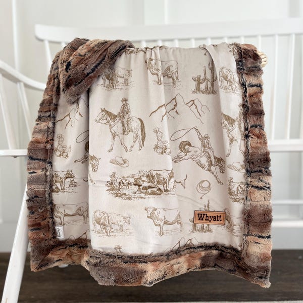 Personalized western baby boy blanket for cowboy baby name tag blanket western nursery little buckaroo ranch horse cow and bronc bedding