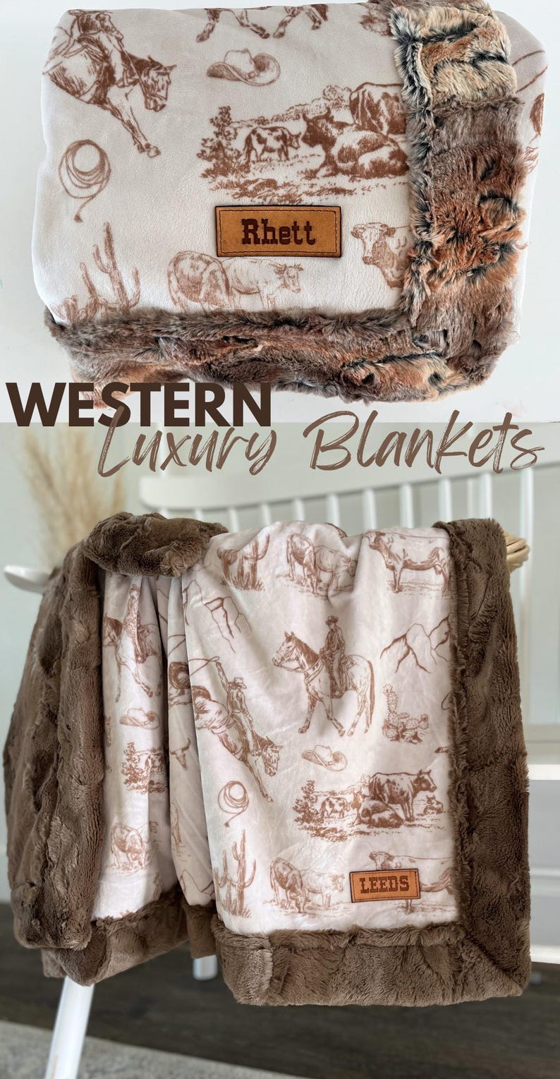 Western Blanket with Name Customized Cowboy Gift for Kids Ranch Theme Decor Western Minky Faux Fur Soft blanket Farm Boy Baby Shower Gift