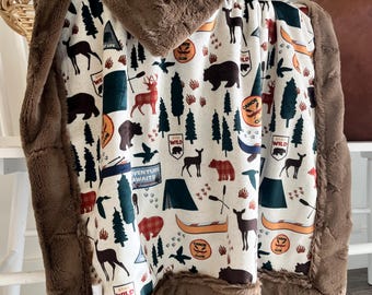 Personalized camping forest baby blanket for the great outdoors bear deer minky blanket canoeing nursery little outdoorsman nature bedding
