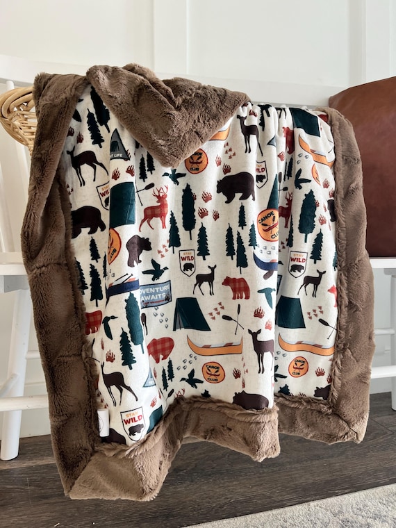 Personalized camping forest baby blanket for the great outdoors bear deer minky blanket canoeing nursery little outdoorsman nature bedding