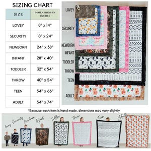 Puede incluir: Tabla de tallas para mantas de diferentes tama&ntilde;os, desde 8 pulgadas por 14 pulgadas hasta 54 pulgadas por 74 pulgadas. La tabla enumera los nombres de las tallas, como "Lovey", "Security", "Newborn", "Infant", "Toddler", "Throw", "Teen" y "Adult", junto con las dimensiones correspondientes en pulgadas.