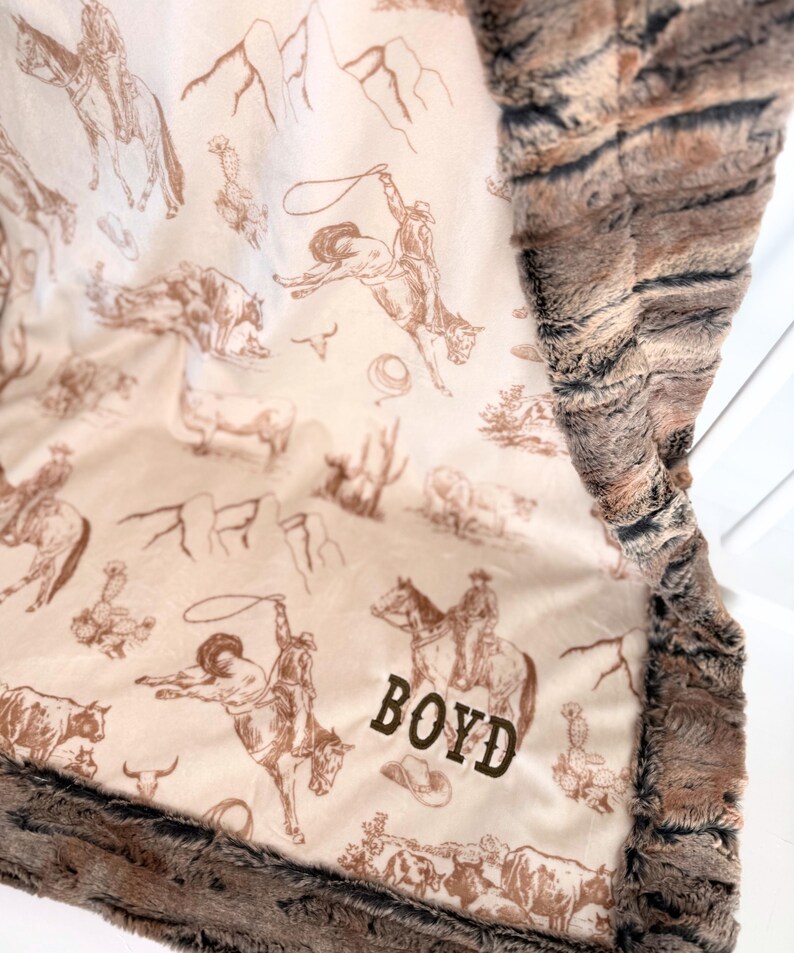 Manta vaquera personalizada con nombre, regalo de vaquero para niños, decoración con temática de rancho, manta suave de piel sintética de Minky occidental, regalo para baby shower de niño de granja imagen 12