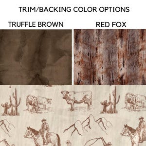 Puede incluir: Imagen que muestra opciones de color de ribete/respaldo. La fila superior muestra texturas Truffle Brown y Red Fox. La fila inferior presenta una tela de tem&aacute;tica occidental con ilustraciones de vaqueros, cactus, monta&ntilde;as y ganado.