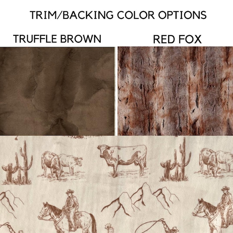 Puede incluir: Imagen que muestra opciones de color de ribete/respaldo. La fila superior muestra texturas Truffle Brown y Red Fox. La fila inferior presenta una tela de tem&aacute;tica occidental con ilustraciones de vaqueros, cactus, monta&ntilde;as y ganado.