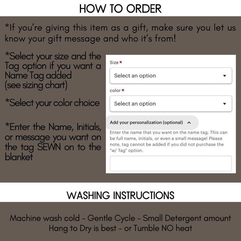 Puede incluir: Imagen con instrucciones sobre c&oacute;mo pedir una manta personalizada. El texto incluye pasos para seleccionar el tama&ntilde;o, el color y agregar una etiqueta con el nombre. Tambi&eacute;n se proporcionan instrucciones de lavado.