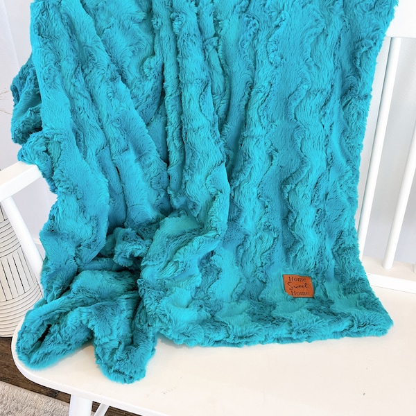 Luxury Faux Fur Turquoise Throw Large Teal Minky Blanket Cozy Plush Soft Warm Throw Gift for Anxiety Comfort Gift for Her House warming gift