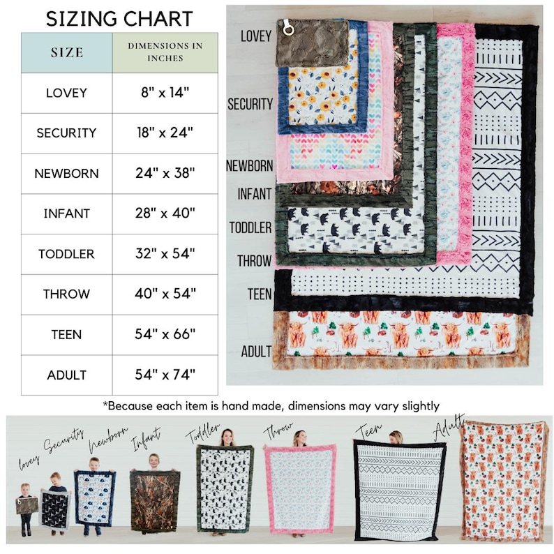 May include: A chart showing the different sizes of blankets available, with the size name and dimensions in inches. The chart is labeled "Sizing Chart". The blankets are shown in the bottom row of the image, with each blanket labeled with its size.