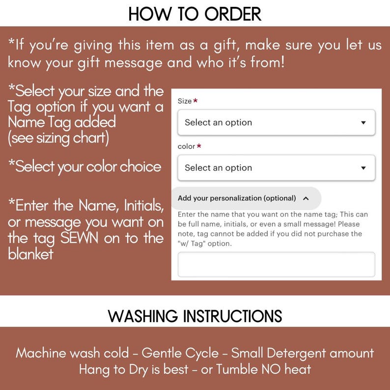 Puede incluir: C&oacute;mo pedir una manta personalizada. Selecciona el tama&ntilde;o, el color y a&ntilde;ade un nombre, iniciales o un mensaje para que se cosa en la manta. Instrucciones de lavado: lavar a m&aacute;quina con agua fr&iacute;a, ciclo delicado, poca cantidad de detergente, secar al aire o en secadora a baja temperatura.