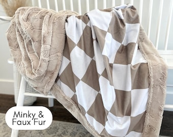 Adult Minky Blanket Soft Luxe Custom Blanket Checkered Beige Tan Minky Throw Neutral Colored Bedding Large Checker Personalized Gift for Her