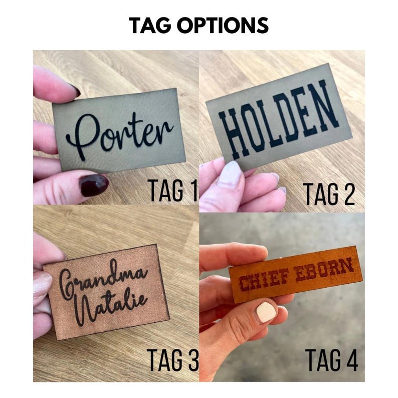 May include: The image displays four rectangular tags with text. The tags are in various colors, including tan and brown. The text on the tags includes "Porter", "Holden", "Grandma Natalie", and "CHIEF EBORN". The words "TAG OPTIONS" are at the top.