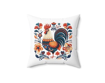 Almohada cuadrada de poliéster de 14 x 14 pulgadas, almohada decorativa, almohada de diseño de arte popular, diseño escandinavo, diseño de gallo, decoración del hogar de la granja