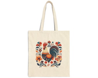 Cotton canvas tote bag, everyday bag, gift bag, folklore art design, rooster design, gift for women, gift for mom