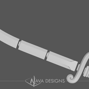 May include: A stylized, light gray saber design with a curved blade and ornate handle. The handle features a spiral grip and a decorative, scrolled pommel. The blade is segmented. The logo "NAVA DESIGNS" is at the bottom.