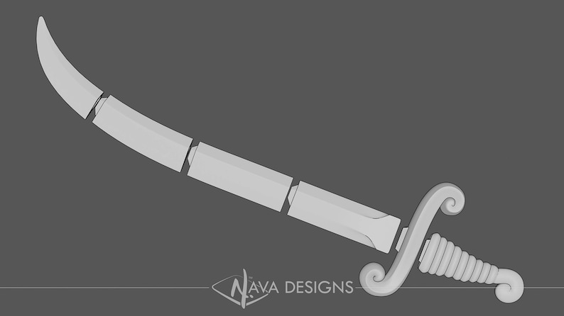 May include: A stylized, light gray saber design with a curved blade and ornate handle. The handle features a spiral grip and a decorative, scrolled pommel. The blade is segmented. The logo "NAVA DESIGNS" is at the bottom.