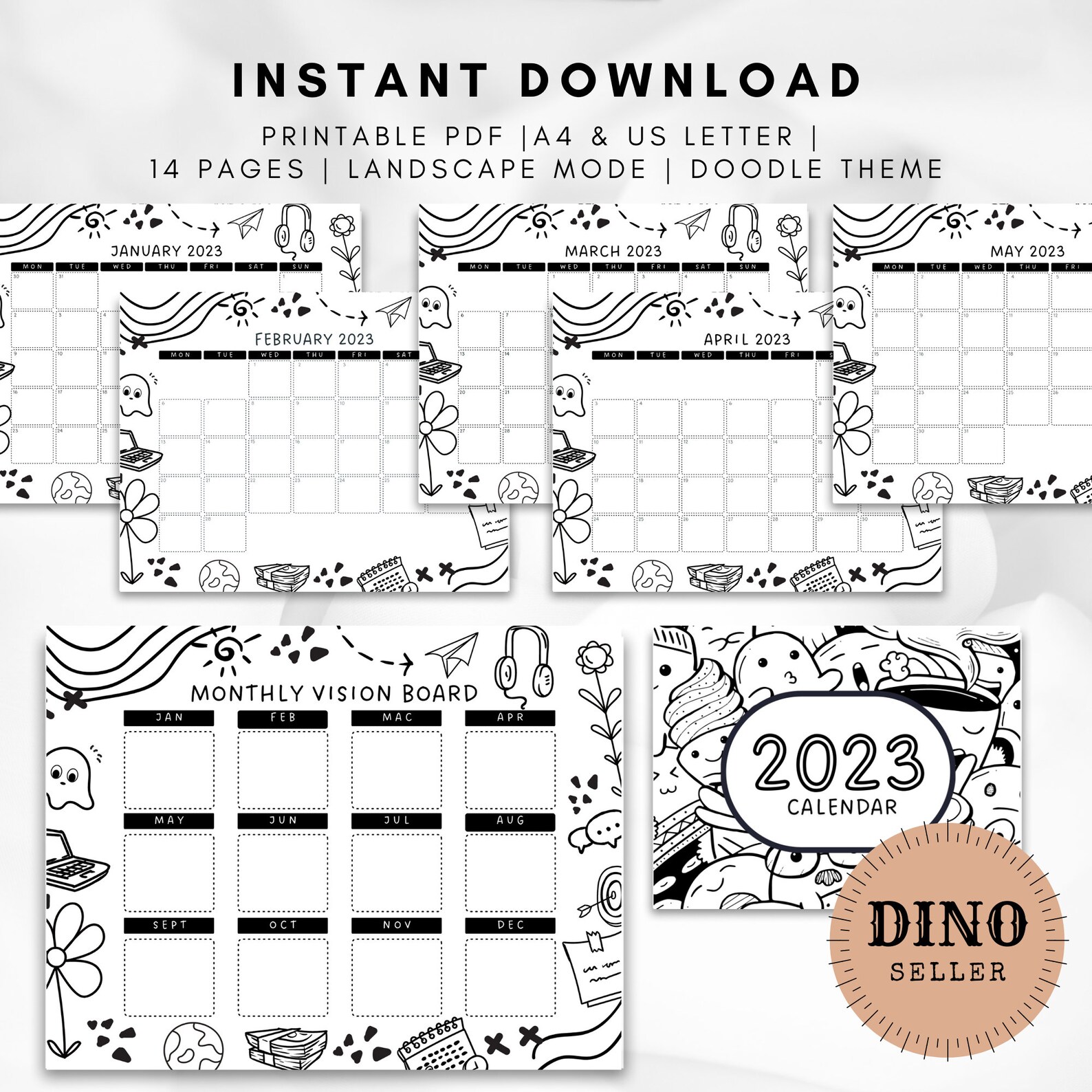 Calendar 2023 Printable Doodle Calendar Monthly Calendar Etsy México