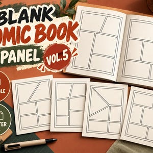 Könnte beinhalten: Ein leeres Comicbuch mit sechsseitigen Layouts, bestehend aus einem offenen Notizbuch und vier einzelnen Blättern. Der Text lautet BLANK COMIC BOOK 6 PANEL VOL.5, PRINTABLE PDF und US LETTER + A4. Die Seiten enthalten schwarze Comic-Rahmen.