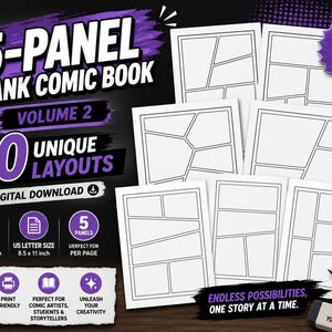 May include: A 5-panel blank comic book, volume 2, featuring 50 unique layouts. The digital download includes A4 size (210 x 297 mm) and US letter size (8.5 x 11 inch) pages. The black and purple graphic displays text including 50 pages, 5-panel layouts, and ready to draw.