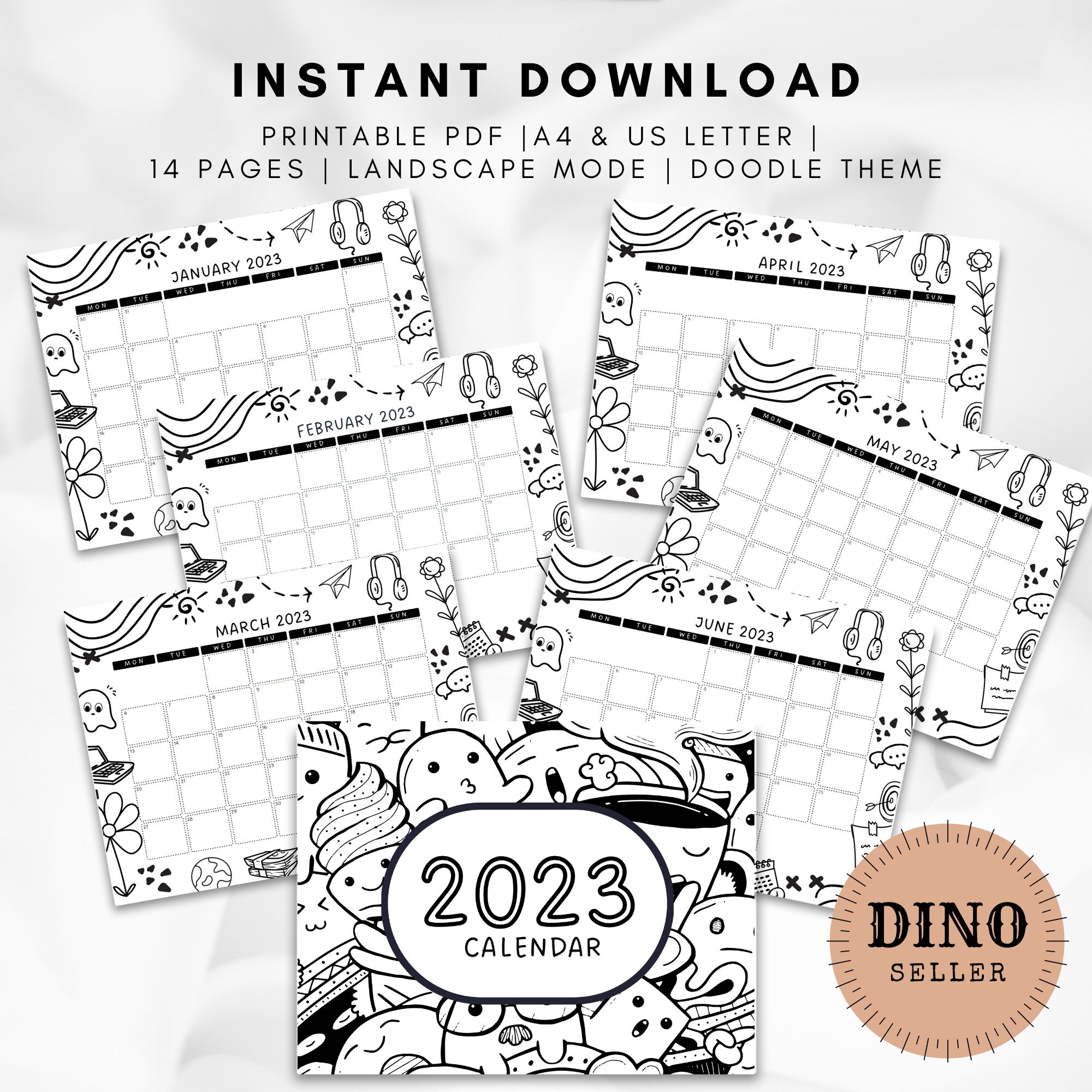 Doodle Calendar 2023 Calendar 2023 Printable Doodle Calendar Monthly Calendar | Etsy